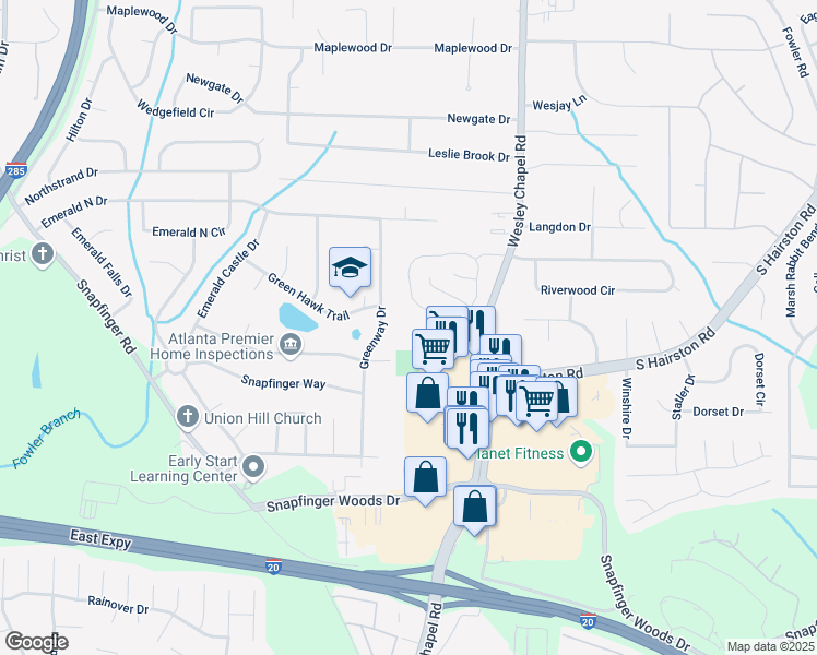map of restaurants, bars, coffee shops, grocery stores, and more near 2332 Greenway Drive in Decatur