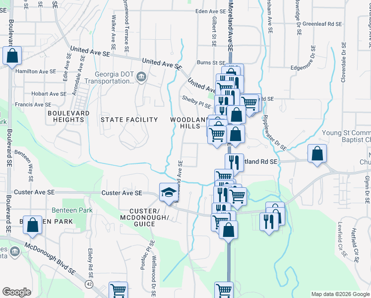 map of restaurants, bars, coffee shops, grocery stores, and more near 1258 Woodland Avenue Southeast in Atlanta