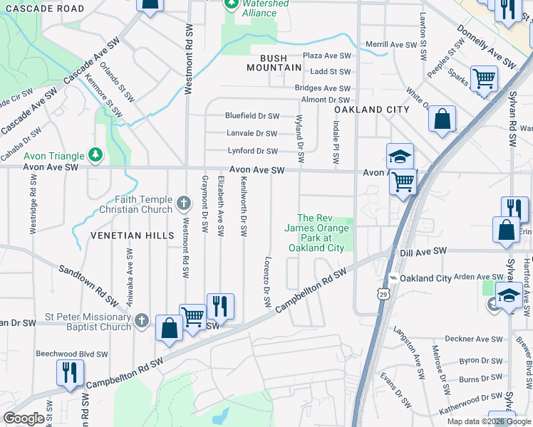map of restaurants, bars, coffee shops, grocery stores, and more near 1277 Lorenzo Drive Southwest in Atlanta