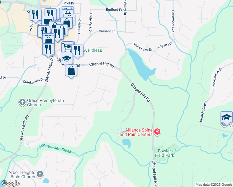map of restaurants, bars, coffee shops, grocery stores, and more near 4610 5 Leaves Court in Douglasville