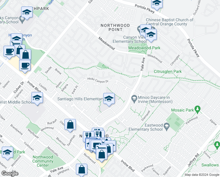 map of restaurants, bars, coffee shops, grocery stores, and more near 20 Campanero West in Irvine