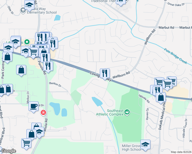 map of restaurants, bars, coffee shops, grocery stores, and more near 2347 Cove Lake Way in Lithonia
