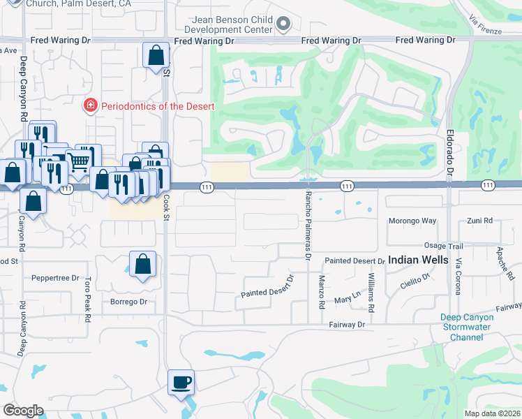 map of restaurants, bars, coffee shops, grocery stores, and more near 75342 Montecito Drive in Indian Wells