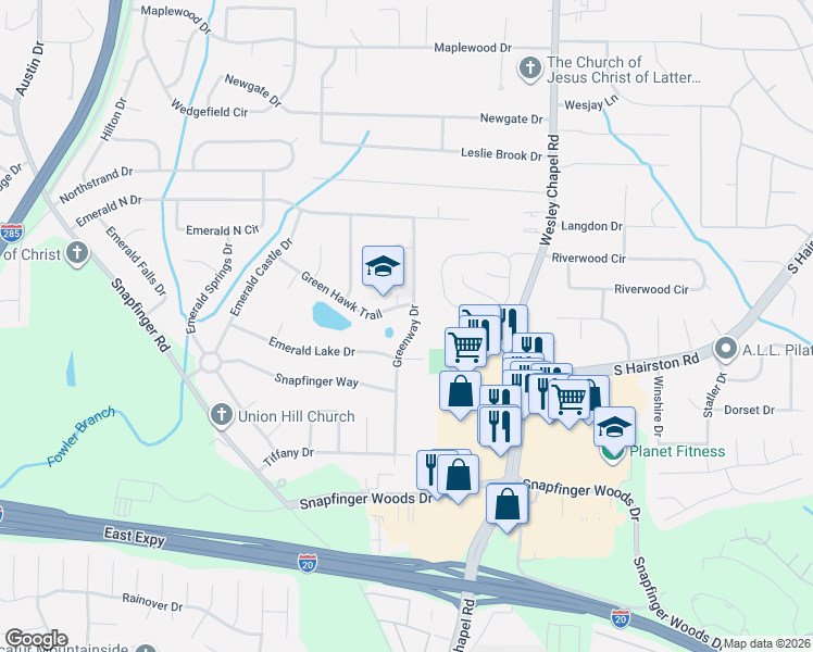 map of restaurants, bars, coffee shops, grocery stores, and more near 2341 Greenway Drive in Decatur