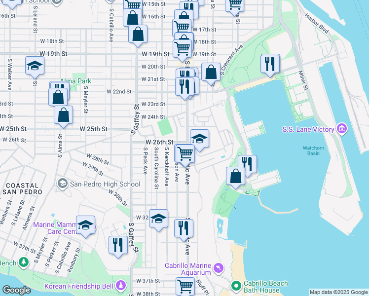 map of restaurants, bars, coffee shops, grocery stores, and more near 2617 South Pacific Avenue in Los Angeles