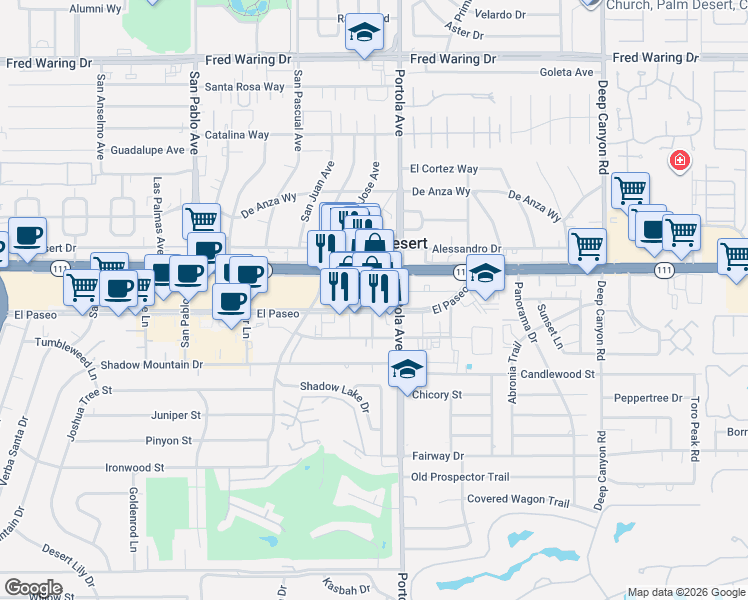 map of restaurants, bars, coffee shops, grocery stores, and more near in Palm Desert