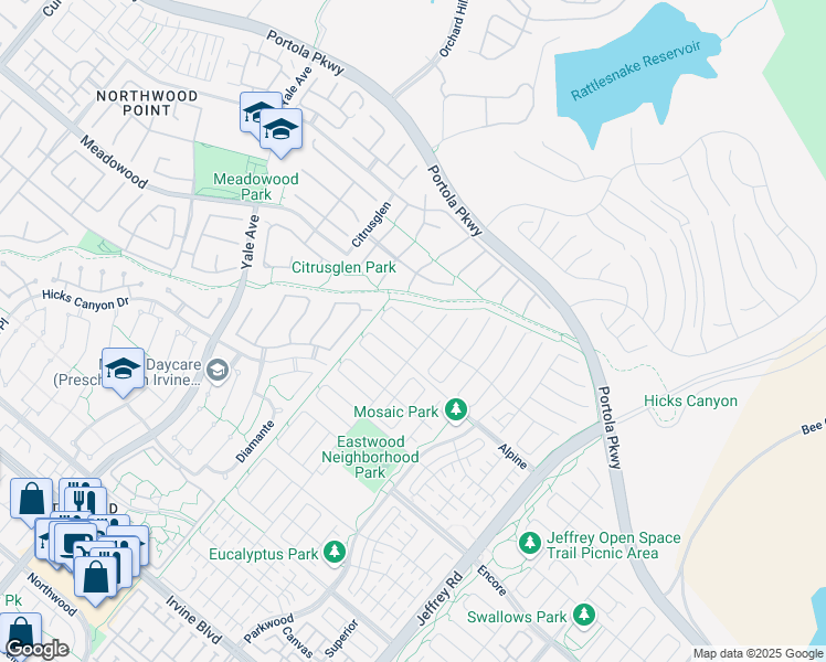 map of restaurants, bars, coffee shops, grocery stores, and more near 113 Imagination Trail in Irvine