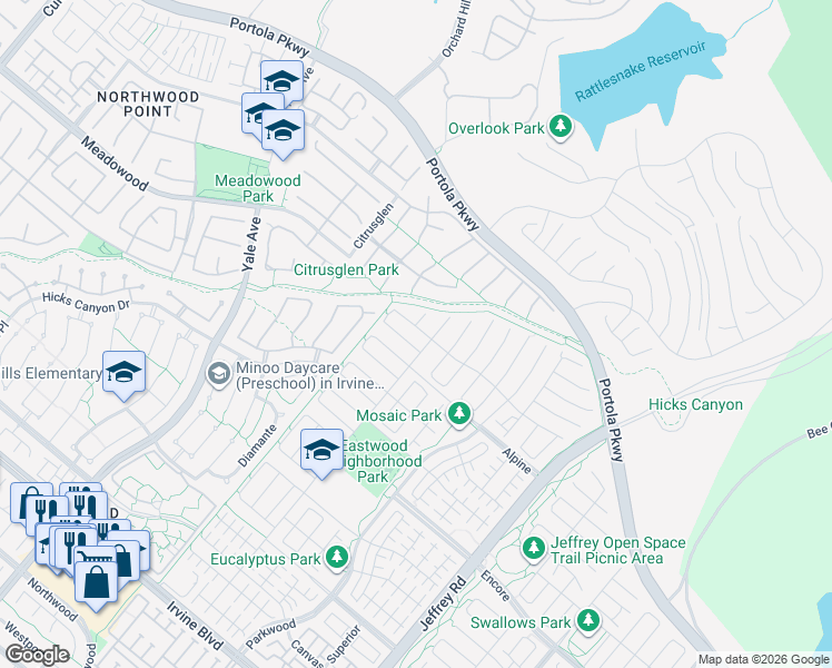 map of restaurants, bars, coffee shops, grocery stores, and more near 113 Imagination Trail in Irvine