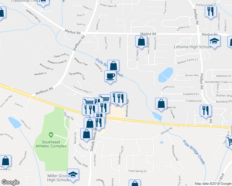 map of restaurants, bars, coffee shops, grocery stores, and more near 6057 Old Wellborn Trce in Lithonia