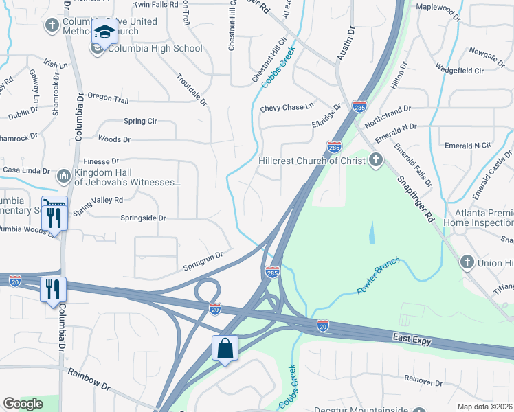 map of restaurants, bars, coffee shops, grocery stores, and more near 2335 Maryland Court in Decatur