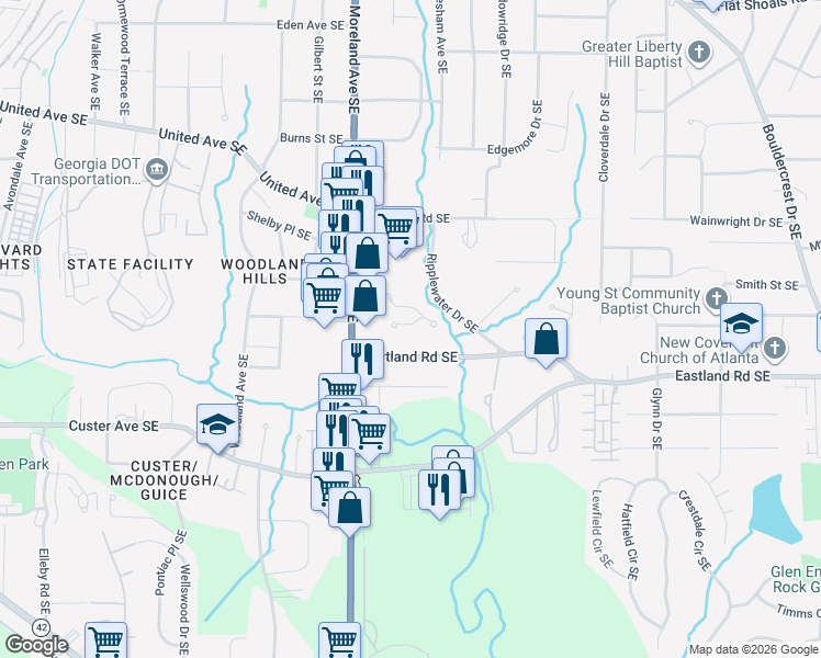 map of restaurants, bars, coffee shops, grocery stores, and more near 2571 Village Creek Landing Southeast in Atlanta