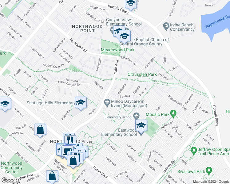 map of restaurants, bars, coffee shops, grocery stores, and more near 4 Ramada in Irvine