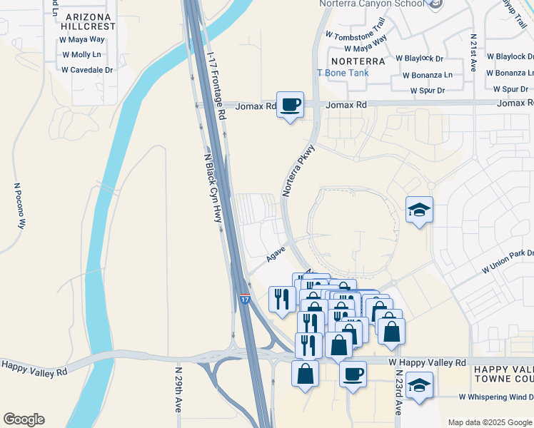 map of restaurants, bars, coffee shops, grocery stores, and more near 25800 North Norterra Parkway in Phoenix
