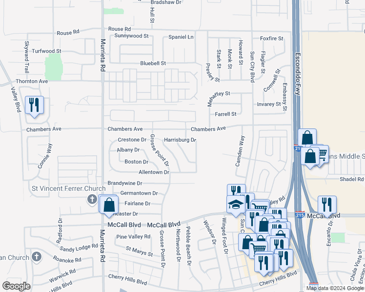 map of restaurants, bars, coffee shops, grocery stores, and more near 27630 Sandtrap Drive in Menifee