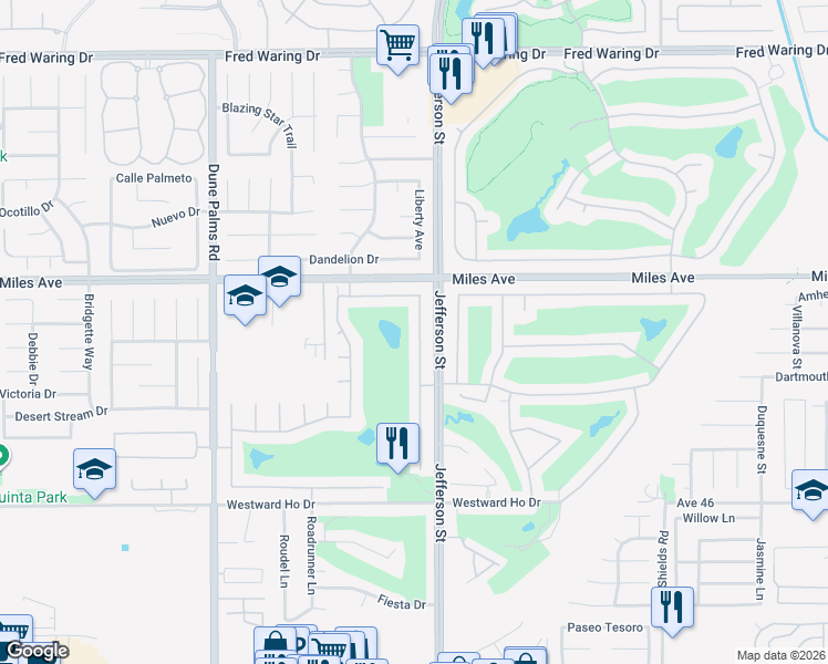 map of restaurants, bars, coffee shops, grocery stores, and more near 45233 Big Canyon Street in Indio