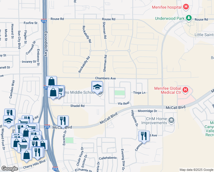 map of restaurants, bars, coffee shops, grocery stores, and more near 27585 Avenue Interno in Menifee
