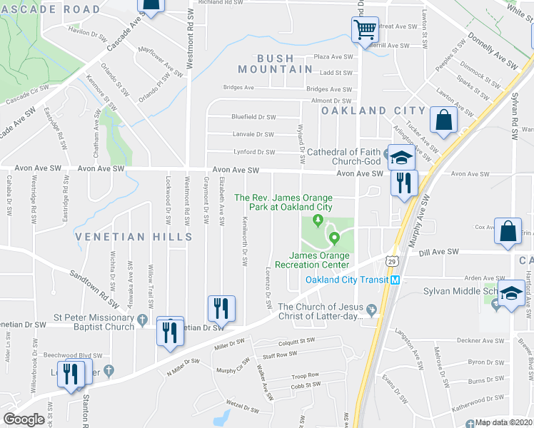 map of restaurants, bars, coffee shops, grocery stores, and more near 1277 Lorenzo Drive Southwest in Atlanta