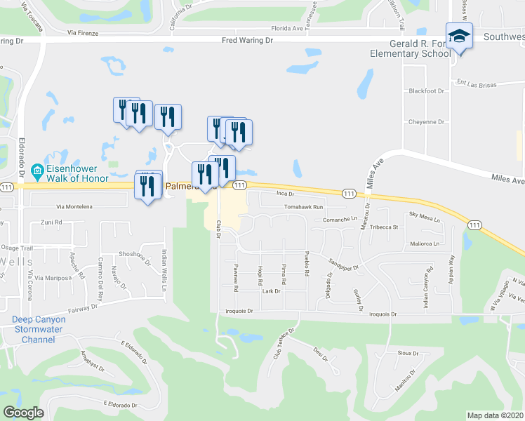 map of restaurants, bars, coffee shops, grocery stores, and more near 76859 Tomahawk Run in Indian Wells