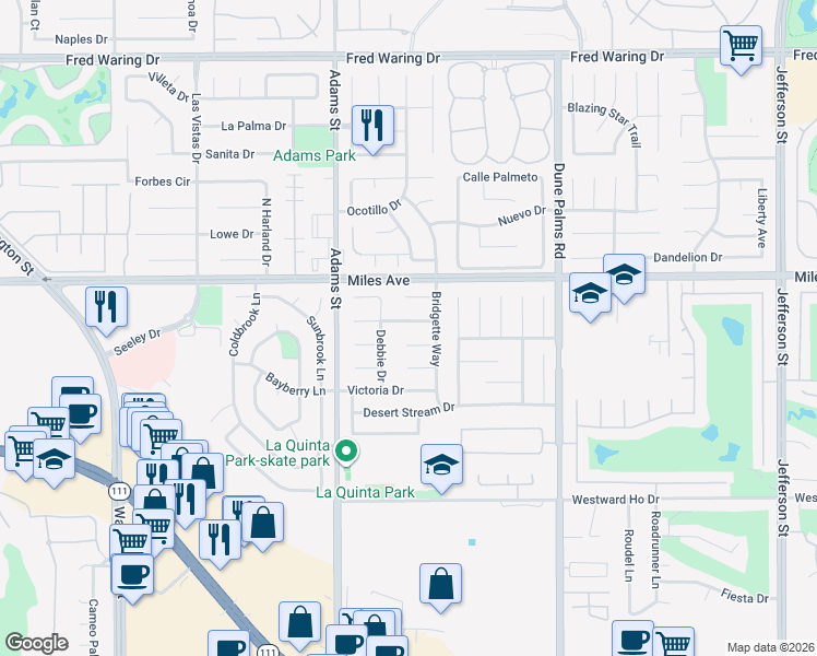 map of restaurants, bars, coffee shops, grocery stores, and more near 79205 Diane Drive in La Quinta