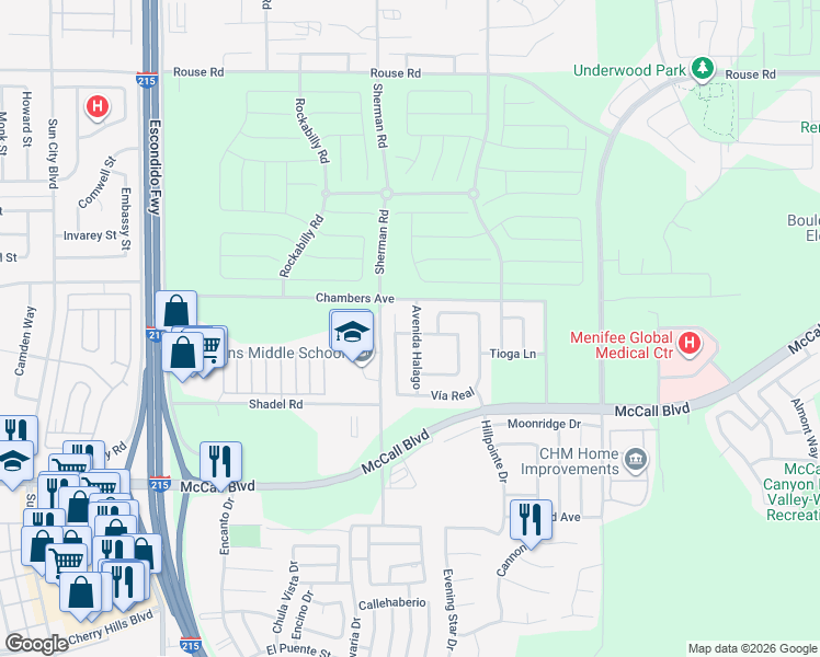 map of restaurants, bars, coffee shops, grocery stores, and more near 27603 Camino Claraboya in Menifee