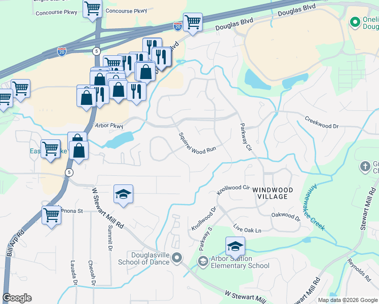map of restaurants, bars, coffee shops, grocery stores, and more near 9685 Squirrel Wood Run in Douglasville