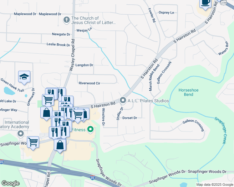 map of restaurants, bars, coffee shops, grocery stores, and more near 2337 Pebble Rock East in Decatur