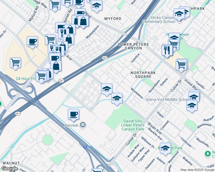 map of restaurants, bars, coffee shops, grocery stores, and more near 1 Stonegate in Irvine