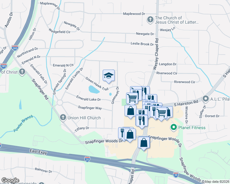 map of restaurants, bars, coffee shops, grocery stores, and more near 2341 Greenway Drive in Decatur