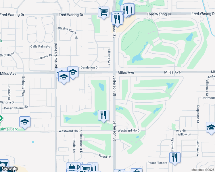 map of restaurants, bars, coffee shops, grocery stores, and more near 45233 Big Canyon Street in Indio