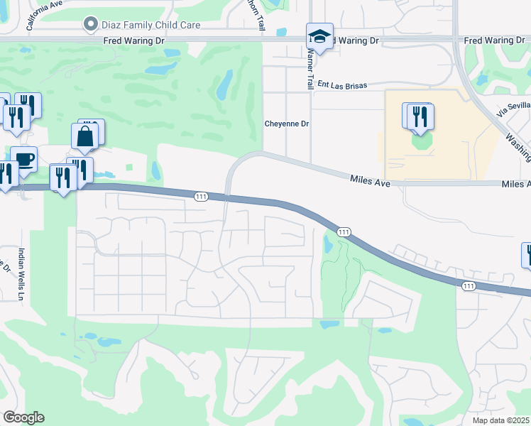 map of restaurants, bars, coffee shops, grocery stores, and more near 77288 Sky Mesa Lane in Indian Wells
