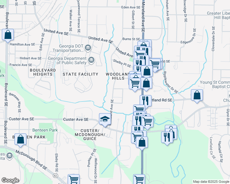 map of restaurants, bars, coffee shops, grocery stores, and more near 1258 Woodland Avenue Southeast in Atlanta