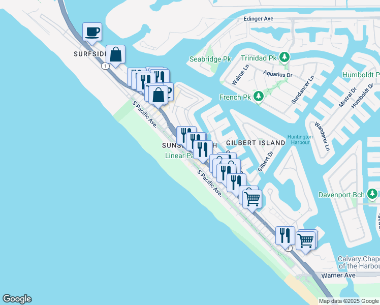 map of restaurants, bars, coffee shops, grocery stores, and more near in Huntington Beach