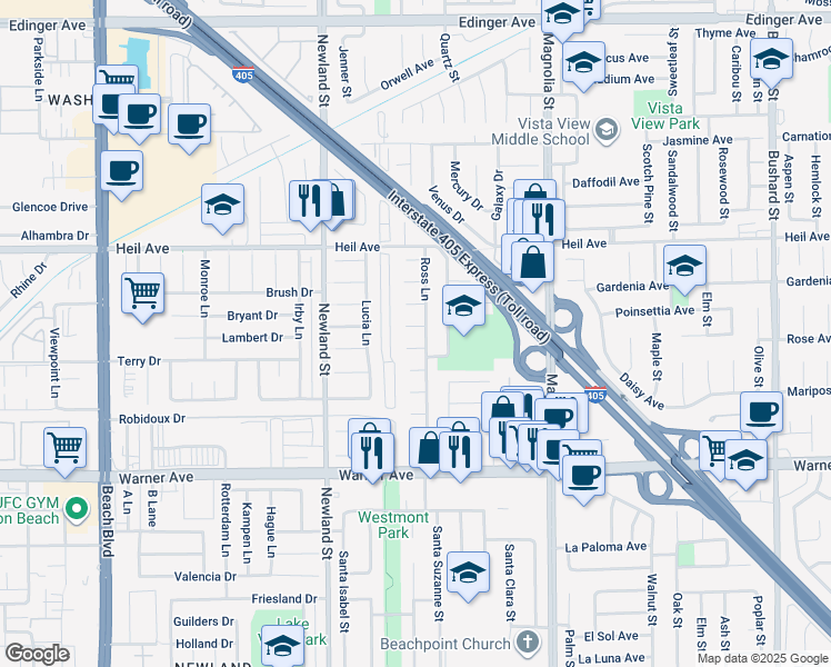 map of restaurants, bars, coffee shops, grocery stores, and more near 16692 Ross Lane in Huntington Beach