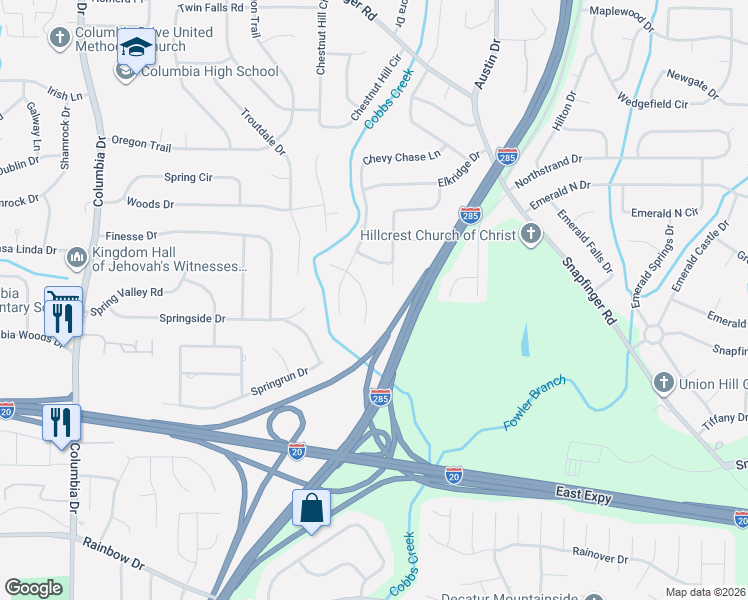 map of restaurants, bars, coffee shops, grocery stores, and more near 2335 Maryland Court in Decatur