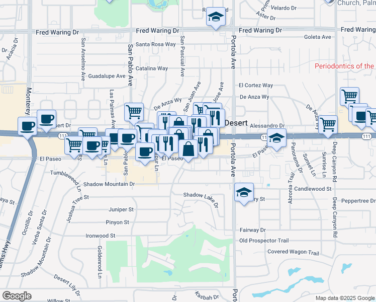 map of restaurants, bars, coffee shops, grocery stores, and more near 73-790 El Paseo in Palm Desert