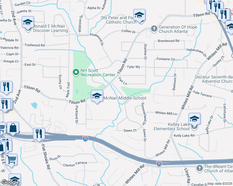 map of restaurants, bars, coffee shops, grocery stores, and more near 2361 Dawn Drive in Decatur