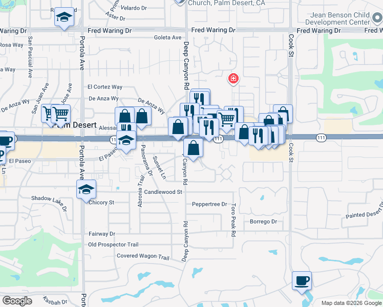 map of restaurants, bars, coffee shops, grocery stores, and more near 45200 Deep Canyon Road in Palm Desert