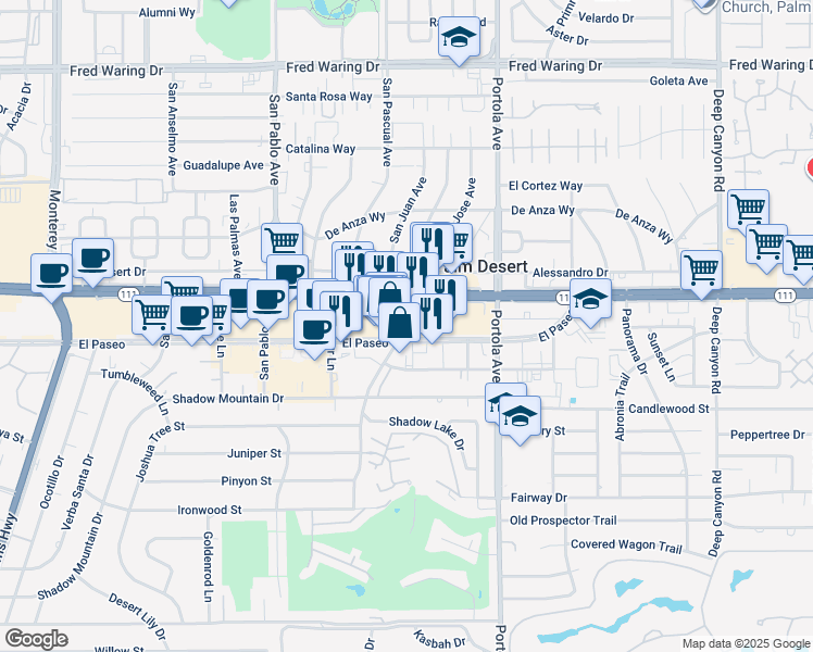 map of restaurants, bars, coffee shops, grocery stores, and more near 45311 San Luis Rey Avenue in Palm Desert