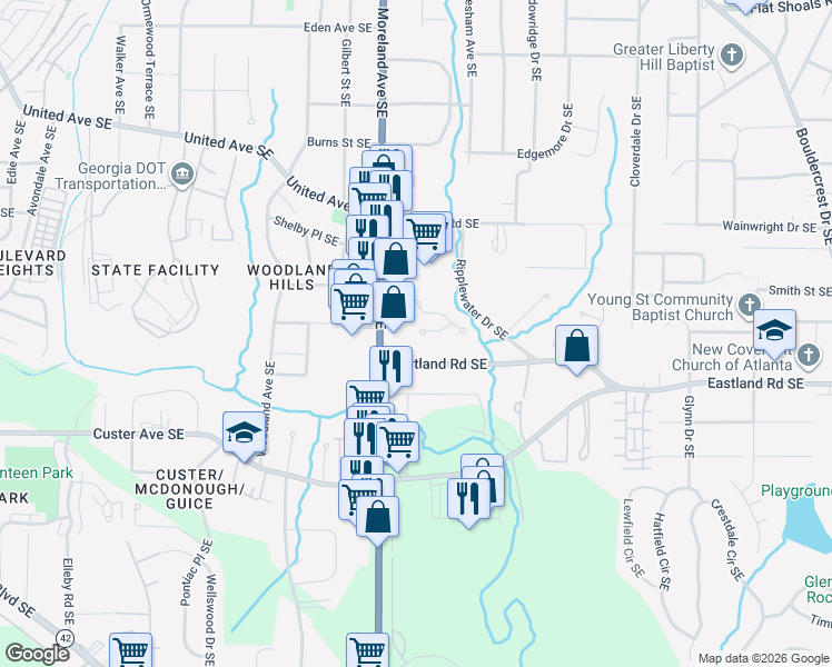 map of restaurants, bars, coffee shops, grocery stores, and more near 1395 Village Creek Circle in Atlanta