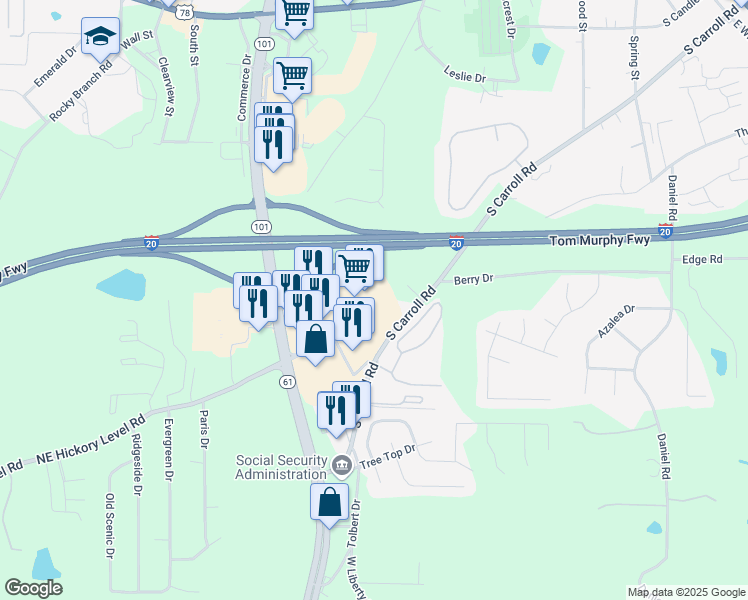 map of restaurants, bars, coffee shops, grocery stores, and more near 600 Carrollton Villa Rica Highway in Villa Rica
