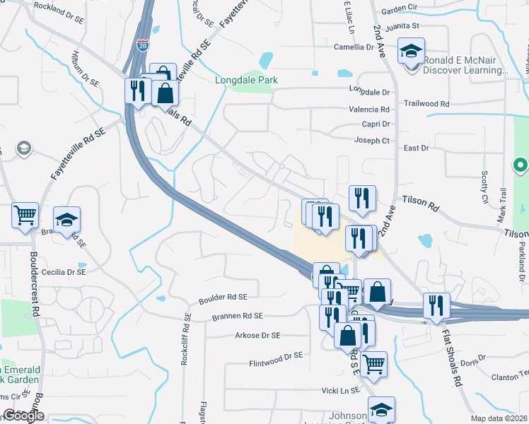 map of restaurants, bars, coffee shops, grocery stores, and more near 2367 Castle Keep Way in Atlanta