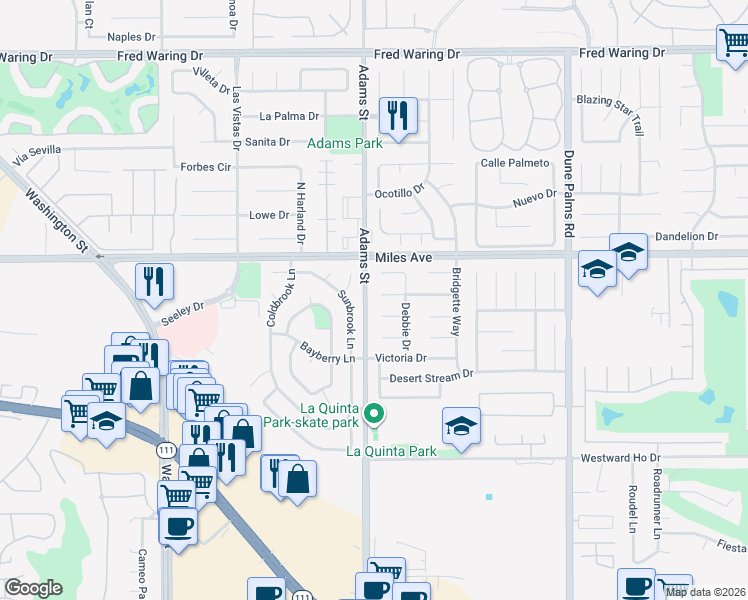 map of restaurants, bars, coffee shops, grocery stores, and more near 79105 Diane Drive in La Quinta