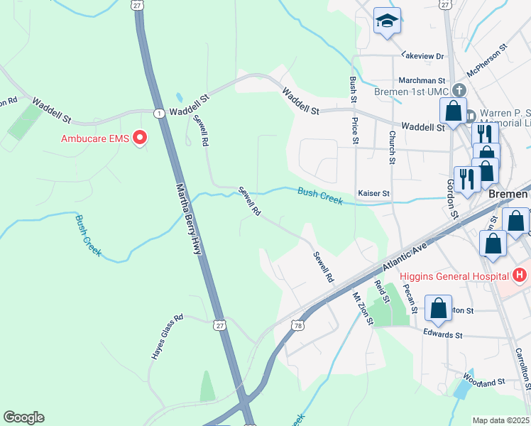 map of restaurants, bars, coffee shops, grocery stores, and more near 207 Sewell Road in Bremen