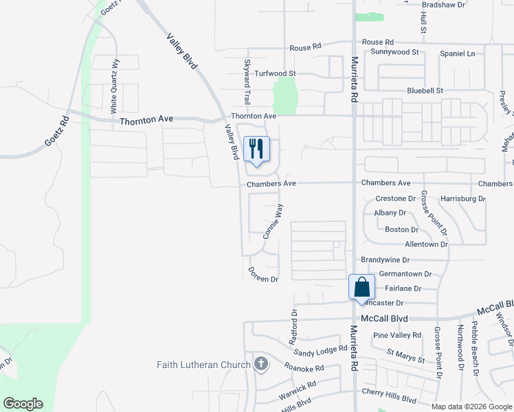 map of restaurants, bars, coffee shops, grocery stores, and more near 25636 Leah Lane in Menifee