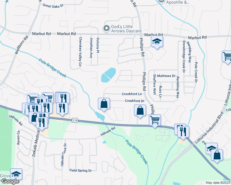 map of restaurants, bars, coffee shops, grocery stores, and more near 6224 Creekford Lane in Lithonia