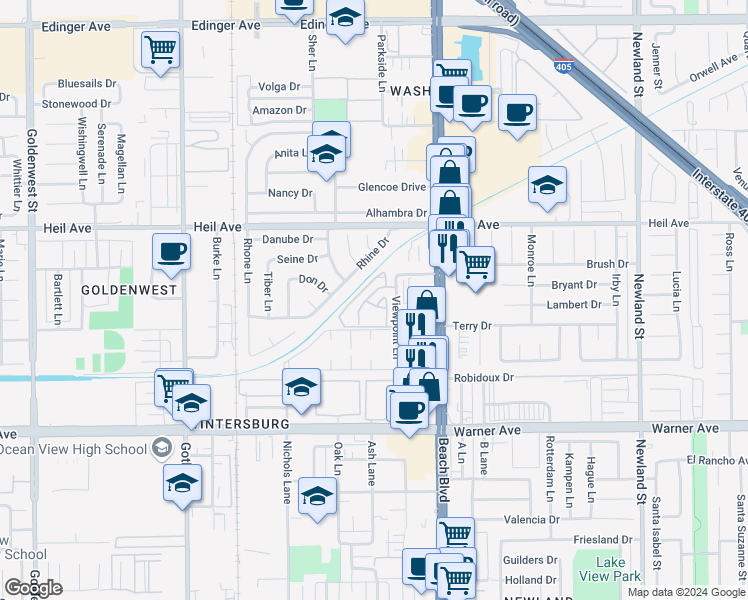 map of restaurants, bars, coffee shops, grocery stores, and more near 16684 Arbor Circle in Huntington Beach