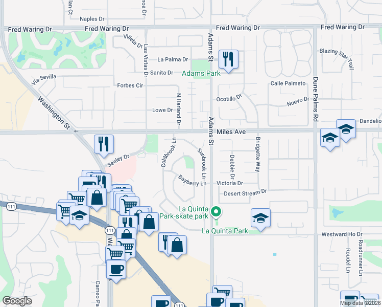 map of restaurants, bars, coffee shops, grocery stores, and more near 45150 Birchcrest Circle in La Quinta