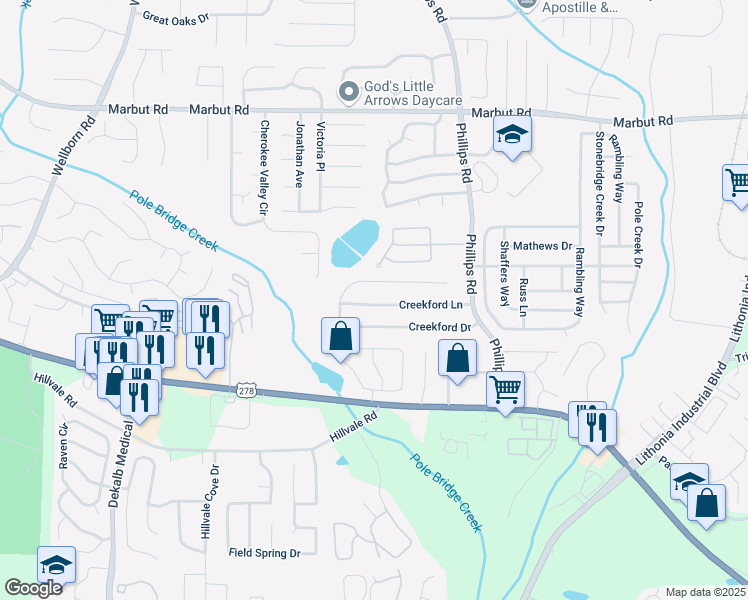 map of restaurants, bars, coffee shops, grocery stores, and more near 6218 Creekford Lane in Lithonia