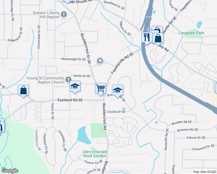 map of restaurants, bars, coffee shops, grocery stores, and more near 1258 Bouldercrest Drive Southeast in Atlanta