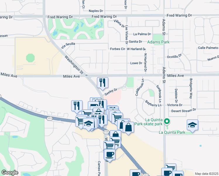 map of restaurants, bars, coffee shops, grocery stores, and more near 45305 Seeley Drive in La Quinta